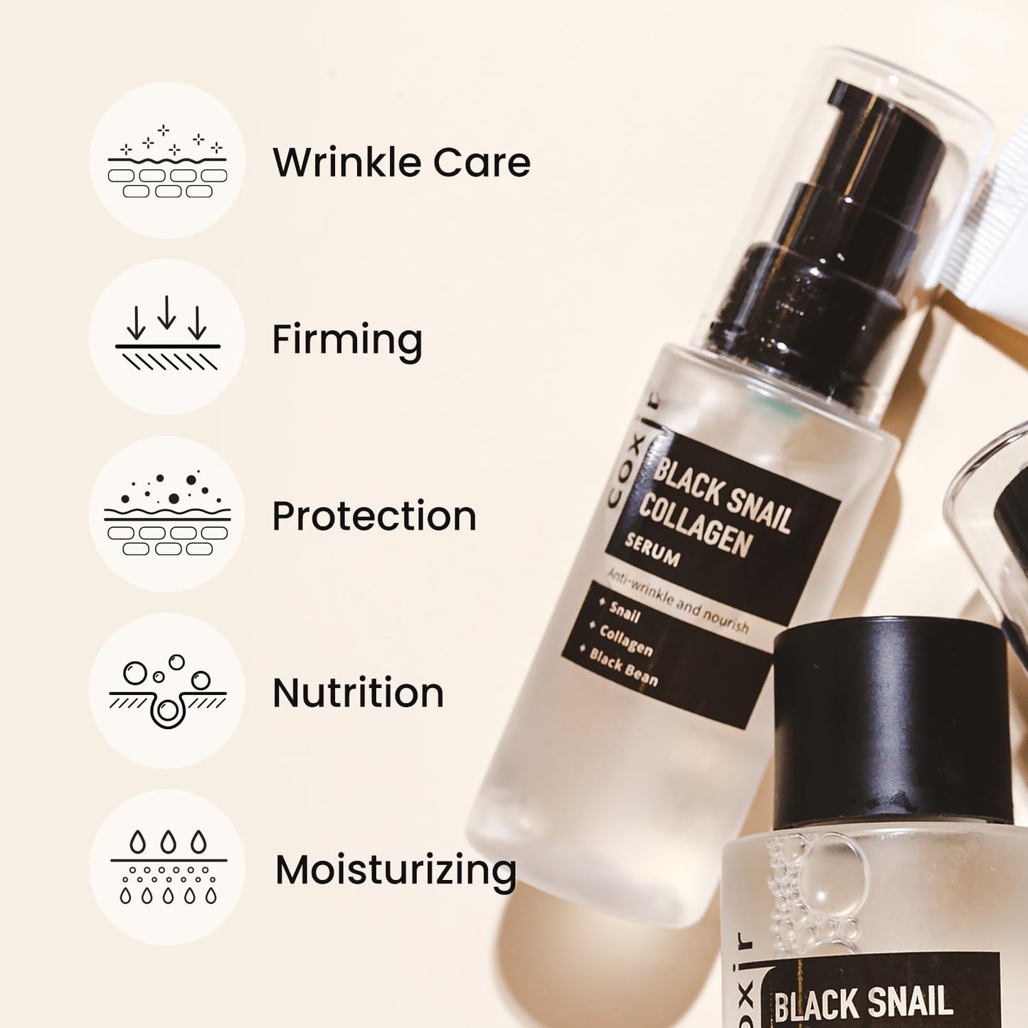 [Coxir] Black Snail Collagen Serum (50ml / 1.69 fl.oz) -|Black Beans, Collagen, Snail Mucin| firms, lift and nourish skin