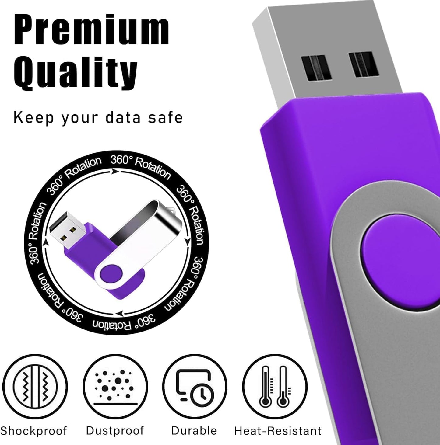 128GB USB Memory Stick 2 PACK USB 2.0 Flash Drive Pen Drive Swivel Design Photo USB Sticks Fold Storage (Red/Purple With Lanyard) 128GB B-2