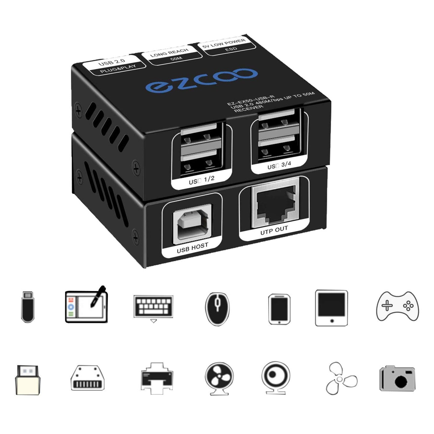 USB 2.0 Extender 4-Port USB Extender Over Cat5e Cat6 USB RJ45 LAN Extension 5V Low-Power Consumption USB Extender Ethernet Work Sync Windows MacOS Android Linux No Driver EX50USB