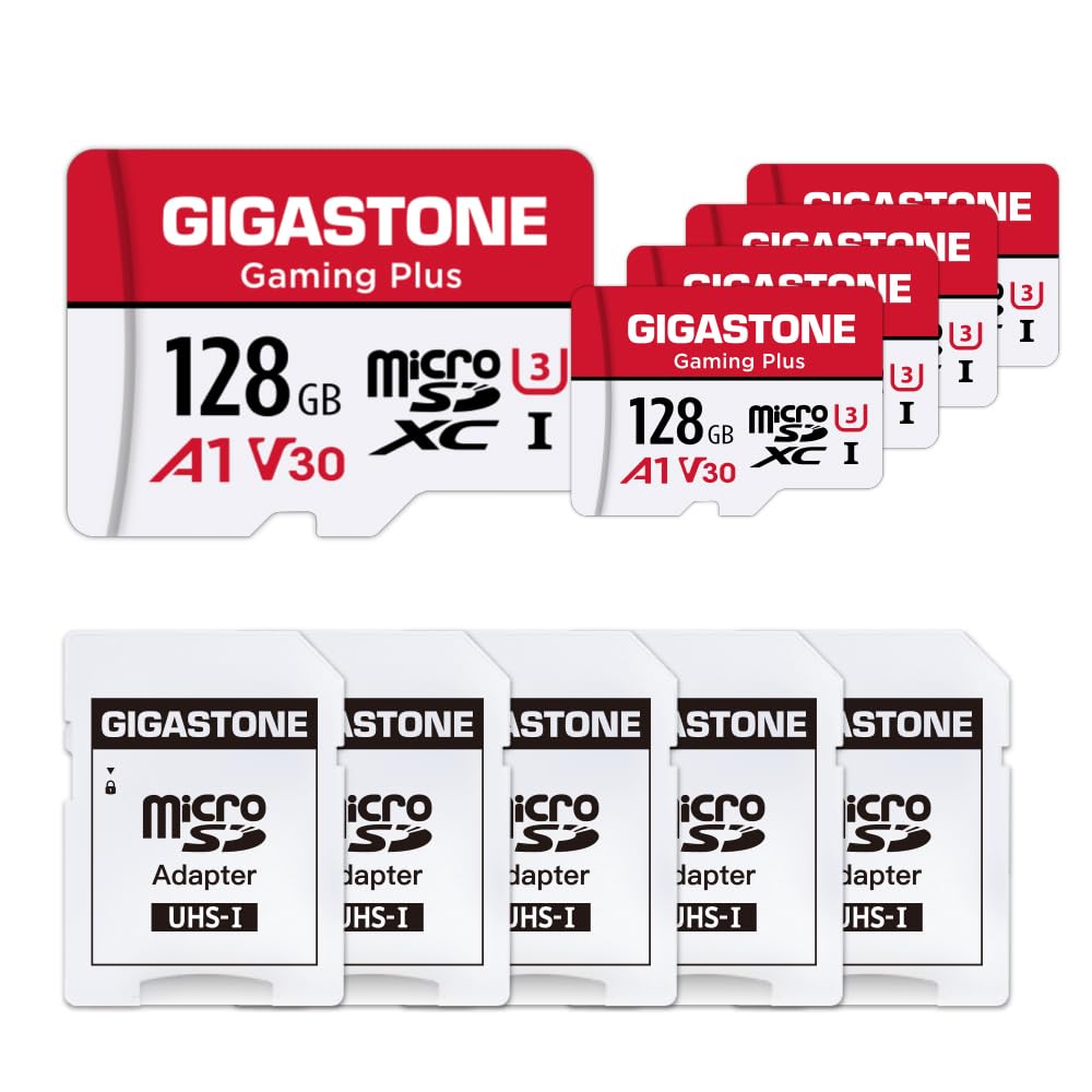 [Gigastone] Micro SD Card 128GB 5-Pack, Gaming Plus, MicroSDHC Memory Card for Nintendo-Switch, Wyze Cam, Roku, Full HD Video Recording, UHS-I U1 A1 Class 10, up to 100MB/s, with MicroSD to SD Adapter 128GB Gaming Plus 5-pack