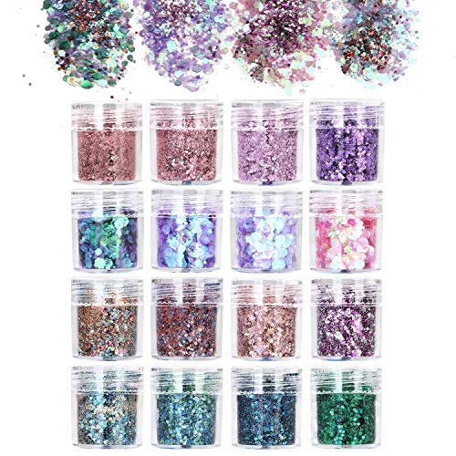 URAQT 16pcs Chunky Glitter Beauty Set for Body Cheeks and Hair, Festival and Party, Face and Nails Beauty Makeup,B 16Color#B