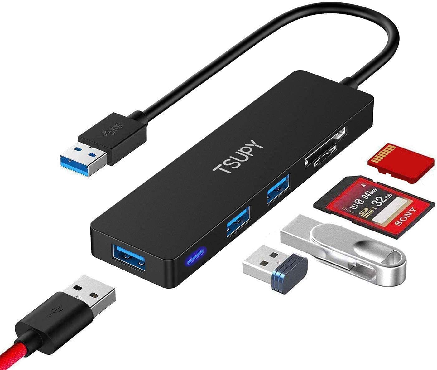 USB Hub Card Reader, TSUPY USB 3.0 Hub, 5 in 1 USB Extension Adapter with 3*USB 3.0+1*SD+1*Micro SD, USB Extender USB 3 Hub Multi USB Port for Laptop, Computer, PS4/5, USB Stick, Keyboard, Mouse etc. 20cm