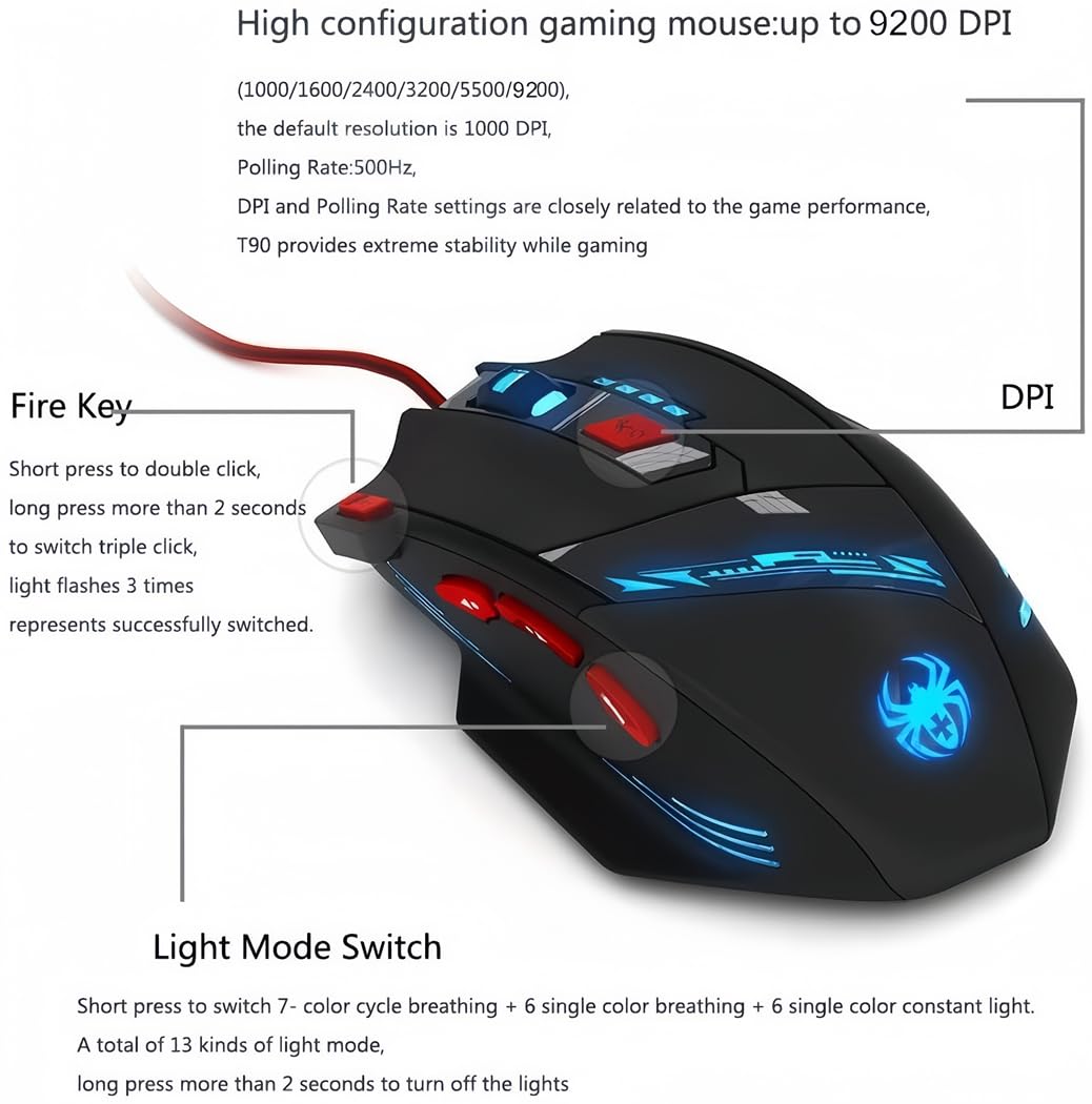 zelotes T90 Gaming Mouse 9200 DPI, 8 Programmable Buttons Multi-Modes LED lights USB Gaming Mice, Weight Tuning for Laptop, Desktop, PC, Macbook - Black