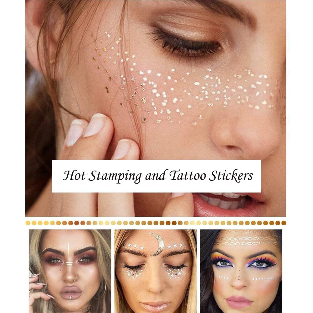 Xinlie 2 Pieces Tattoo Stickers Metallic Flash Tattoos Face Tattoo Face Sticker Face Stickers for Holiday Girls and Young Women for Eyes Face Party Festival Shows Gold (2 Pieces)