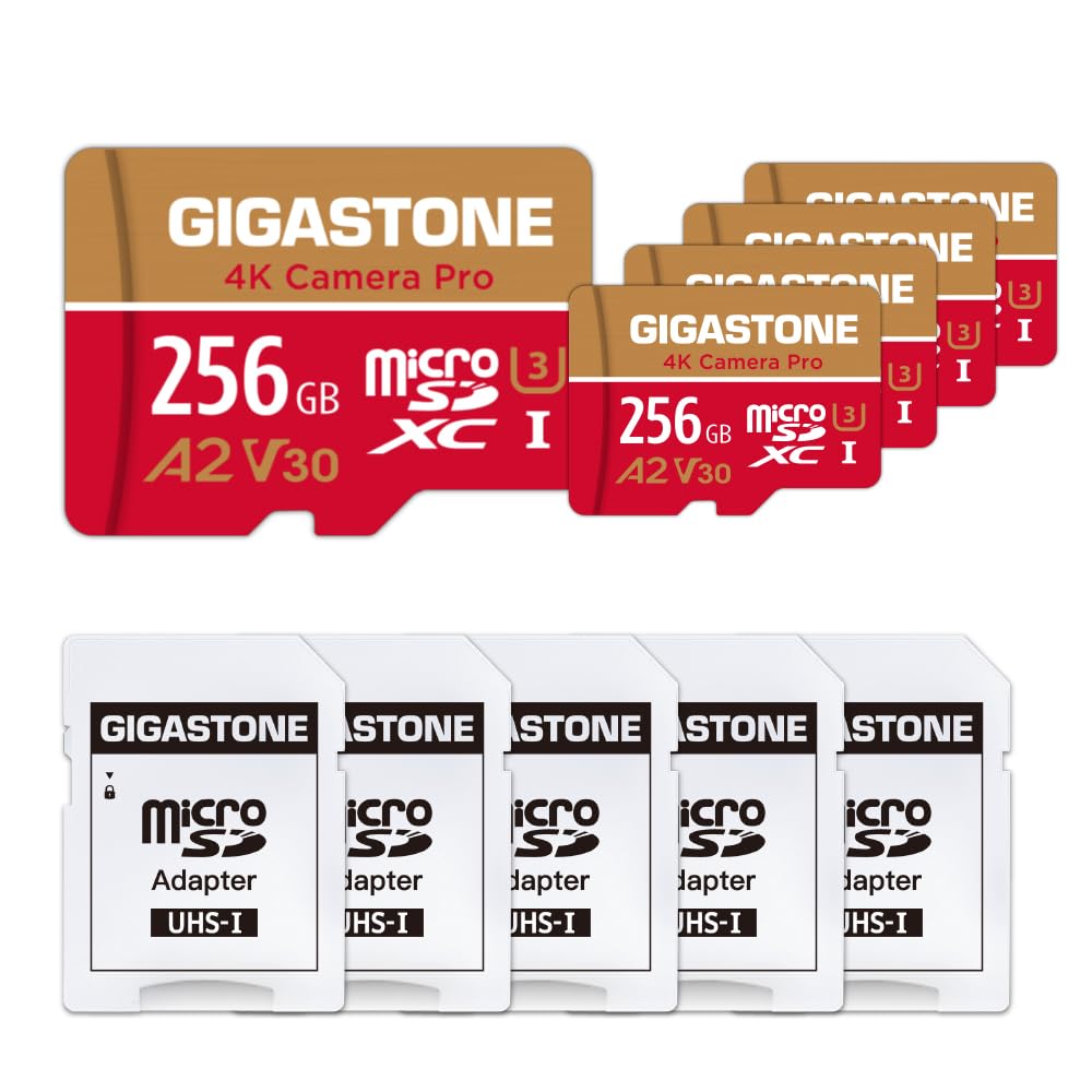 [5-Yrs Free Data Recovery] Gigastone 256GB 5-Pack Micro SD Card, 4K Video Recording for GoPro, Action Camera, DJI, Drone, Nintendo-Switch, R/W up to 100/50 MB/s MicroSDXC Memory Card UHS-I U3 A2 V30 256 GB Camera Pro 5PK