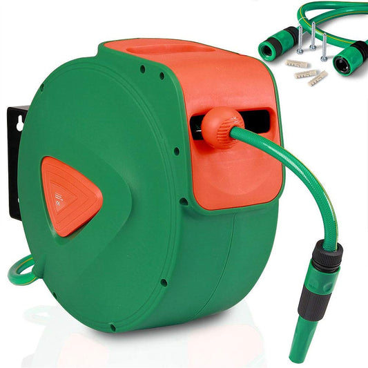 BAKAJI Garden Hose Reel Water Hose with Automatic Lock Wall Mount PVC Hose Wall Bracket Swivel 180° (20 Meters)