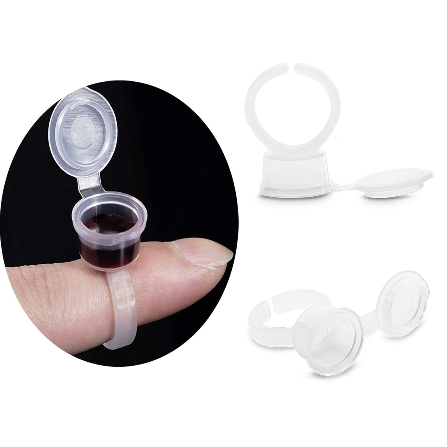 YouU 50 Pcs Makeup Pigment Ink Glue Cup Tattoo Finger Plastic Nail Art Tattoo Rings Holder Container with Cover Lid Eyebrow Refill Color Eyelash Cap Hand Tool