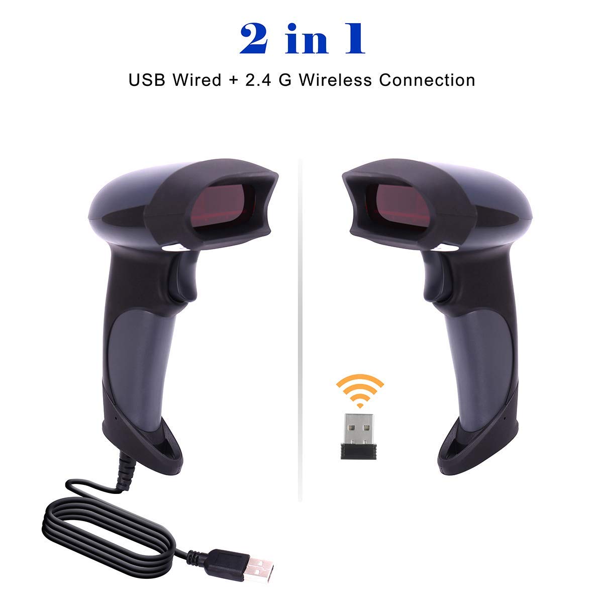 Wireless Barcode Scanner 1D 2.4GHz, USB Barcode Scanner 100m Range Laser Handheld Scanner with 1800 mAh Battery Cordless Handheld Scanner Handheld Reader Ergonomic Design, Plug and Play Deep Blue