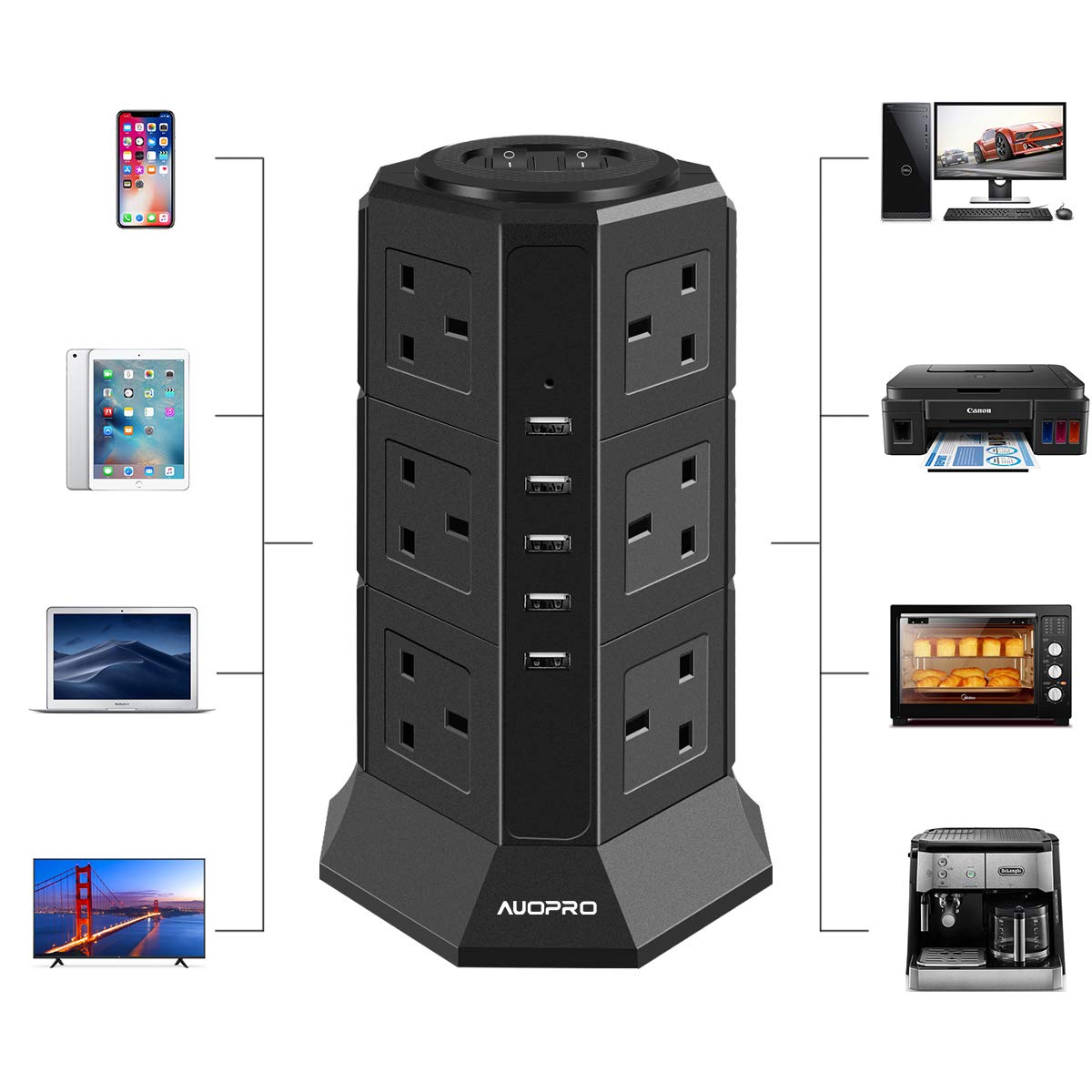 AUOPRO Surge Protector Extension Lead with USB Slots, Vertical Tower Power Strip Switched Desktop Charging Station, 12 Socket and 5 USB Slots, 2 Metre Extension Cable