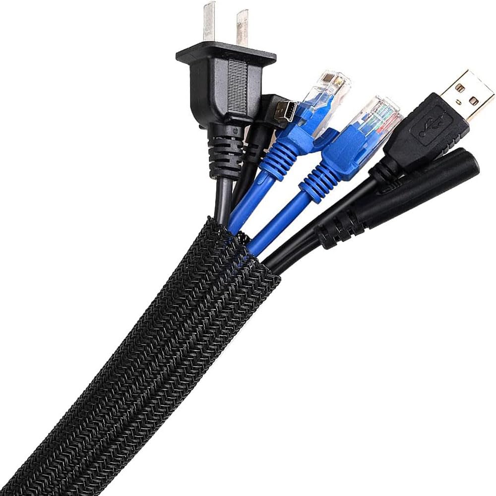 AGPTEK 3M/9.84ft Cable Management Sleeve Diameter 12-20mm Adjustable, Braided Cable Protector Animal Proof with Flame Retardancy for Organize and Hider Wires (Black) Black