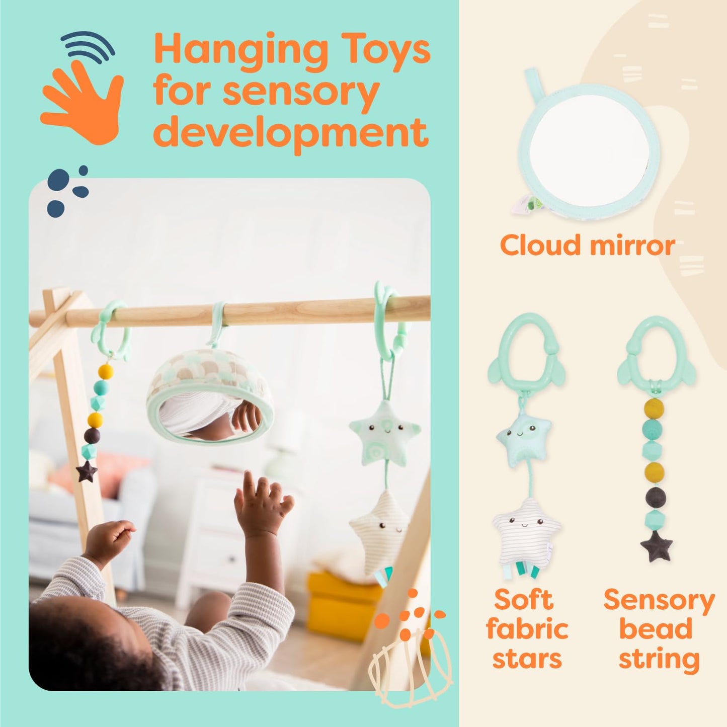 B. toys - Wooden Baby Play Gym with Cotton Activity Mat - Starry Sky - 3 Hanging Sensory Toys - Natural Wood - Babies, Infants, 0 month+