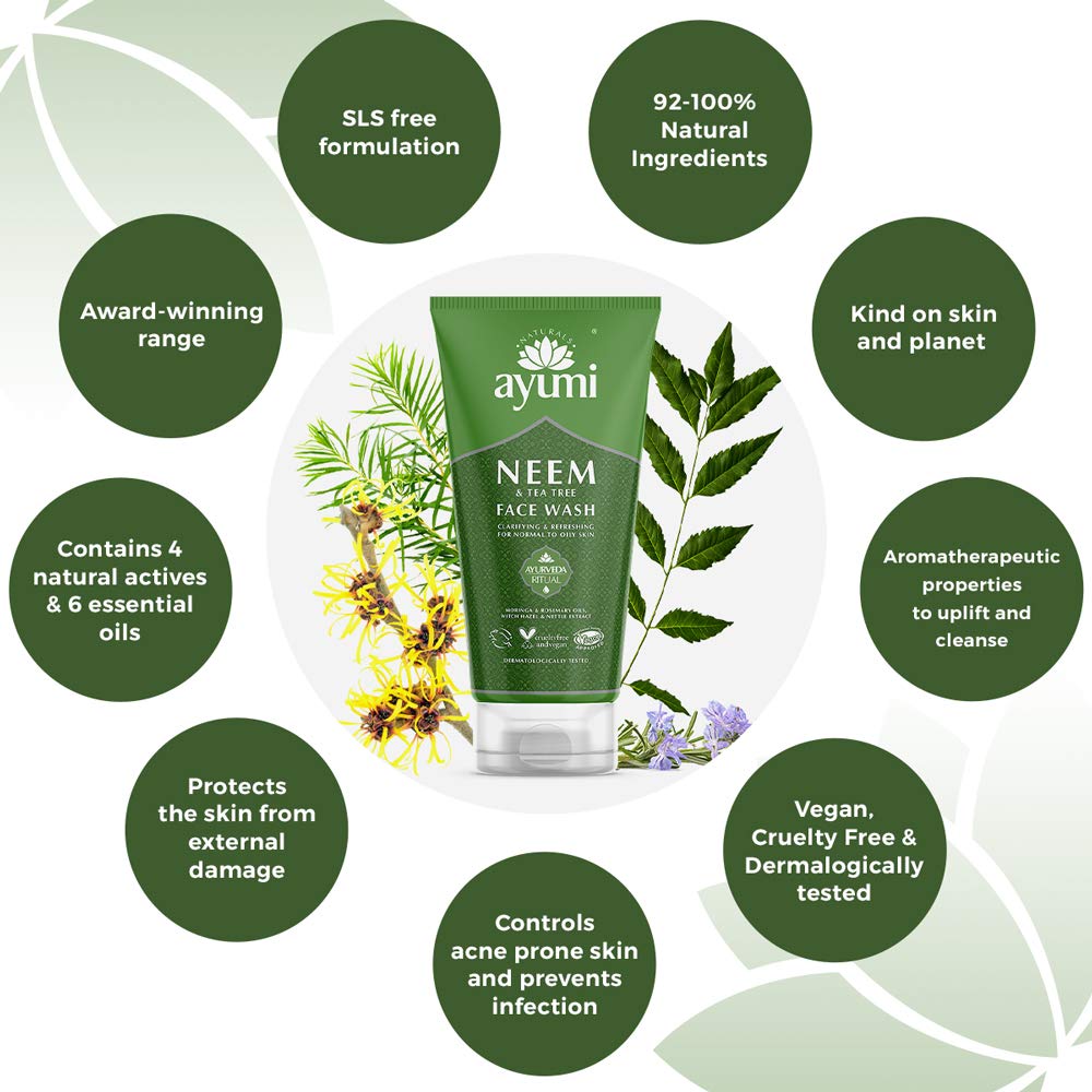 Ayumi Neem & Tea Tree Face Wash, Helps Prevent Breakouts & Blemishes, Packed With Organic Tea Tree Oils to Protect the Skin From External Damage - 1 x 150ml 1 count (Pack of 1)