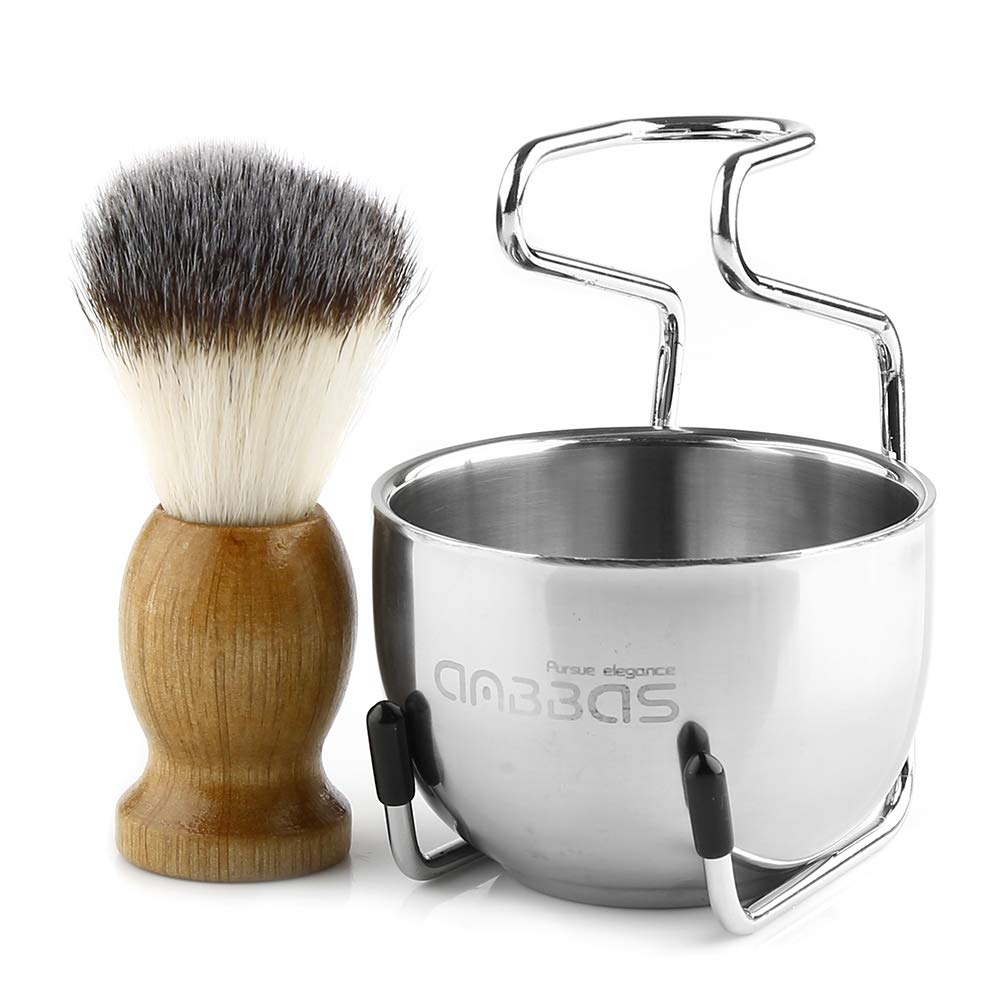 Anbbas Synthetic Badger Hair Shaving Brush and Stand Holder Stainless Steel Shave Bowl Mug Brush-bowl-stand