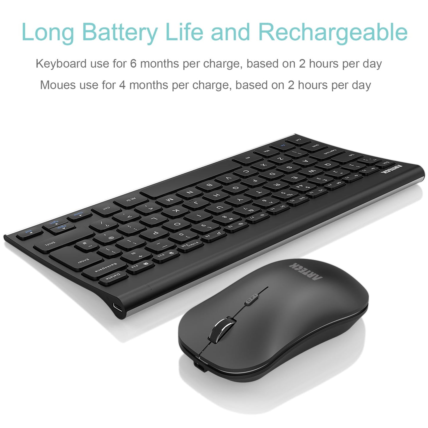 Arteck 2.4G Wireless Keyboard and Mouse Combo QWERTY UK Layout Compact Stainless Full Size Keyboard and Ergonomic Mouse for Computer/Desktop/PC/Laptop and Windows 10/8/7 Build in Rechargeable Battery