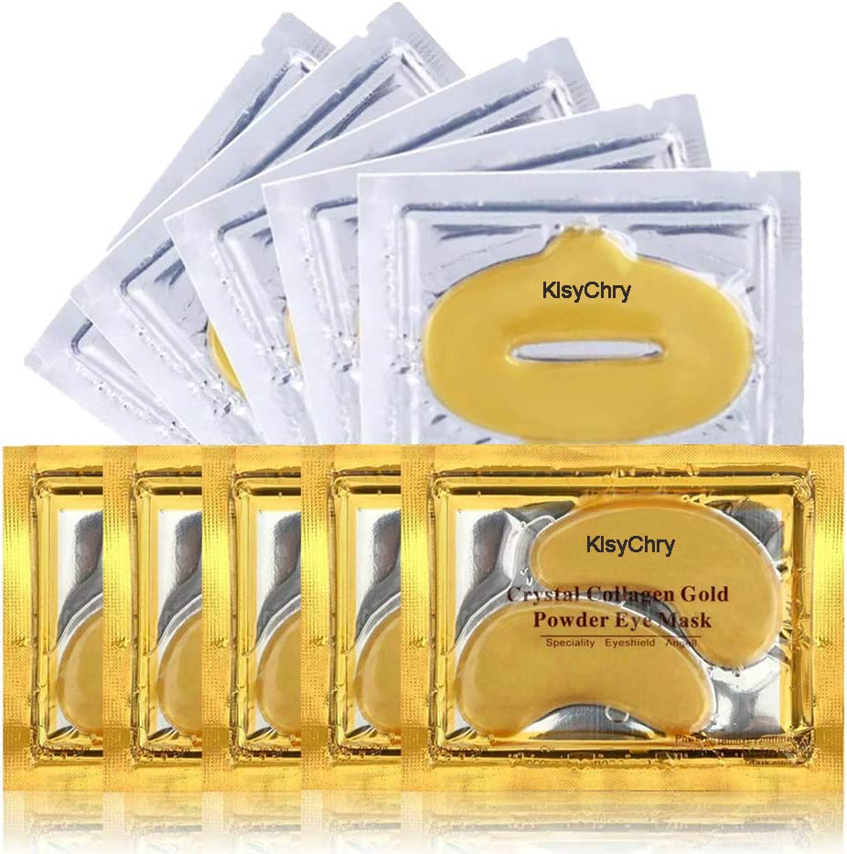 24K Gold Gel Crystal Collagen Lip and Eye Masks - 5 Pairs Gold Eye Mask & 5 Pcs Gold Lip Mask, Anti Aging Eye and Lip Mask Patches Set