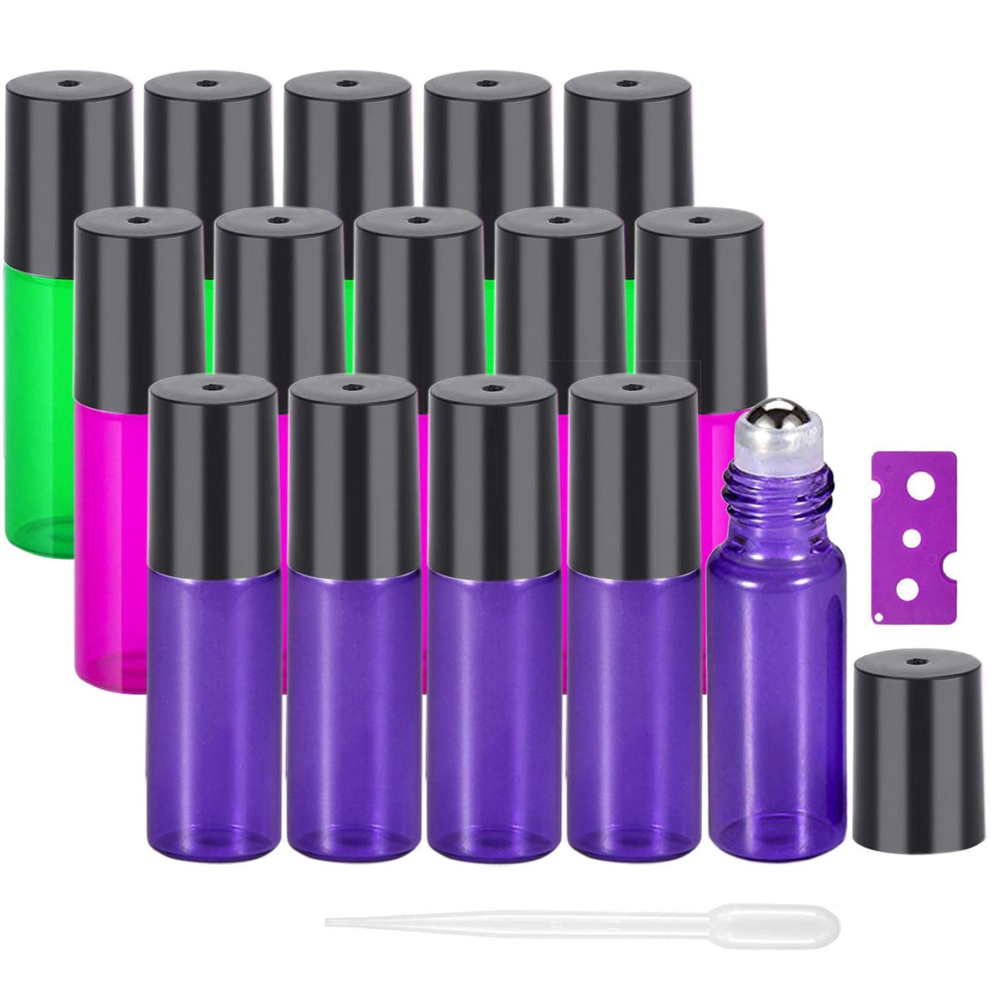 Yalbdopo 15Pcs, 5ml Essential Oil Roller Bottles Mini Refillable Glass Roll on Bottles with Stainless Steel Roller Ball & Black Lid, Perfect for Aromatherapy, Essential Oils, Fragrance (3 Colors)