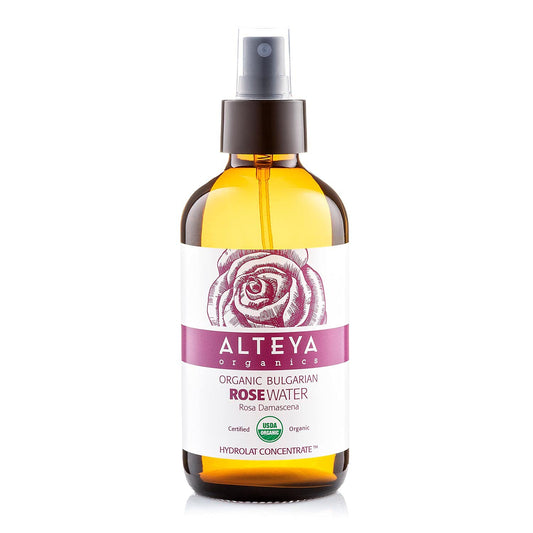 Alteya Organic Rose Water Spray 240 ml Glass- 100% Pure Organic Rosa Damascena (Damask Rose) Hydrolat - No additives - USDA Certified Organic - Face Toner, Revitalizing Body, Condition Hair & Scalp 240 ml (Pack of 1)