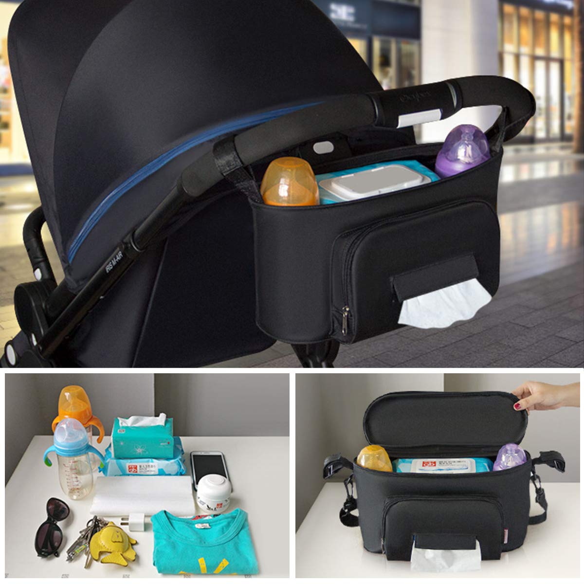 ZONSUSE Multifunctional Baby Bag, Baby Stroller Storage Bag, Hanging Nappy Bag, with Velcro, Waterproof, Universal Black