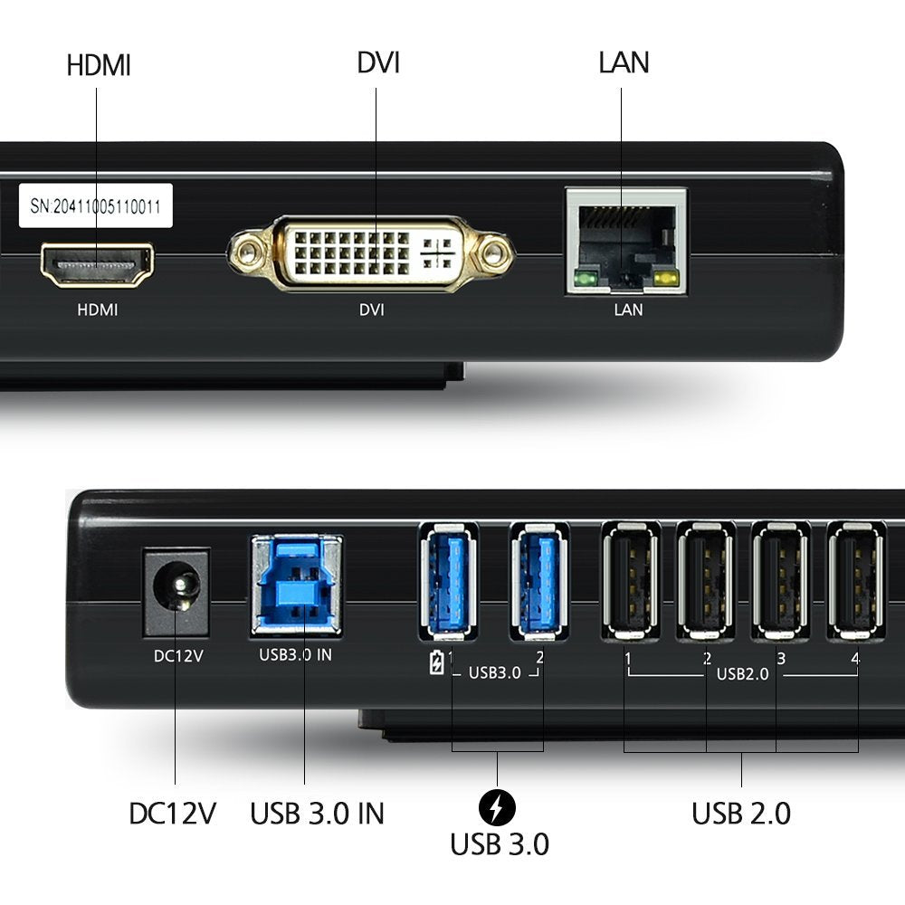 WAVLINK USB 3.0 Universal Dual Display Laptop Docking Station, Support HDMI/DVI/VGA(up to 2048x1152), 6 USB Ports, Gigabit Ethernet, Vertical Stand, Audio Output/Input for Laptop/PC/Mac/Windows Dual Display Docking Station