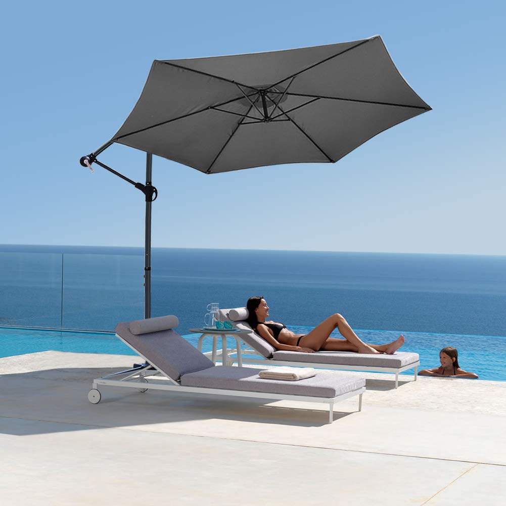 VOUNOT 3m Cantilever Garden Parasol, Banana Patio Umbrella with Crank Handle and Tilt for Outdoor Sun Shade, Grey Classic Solid