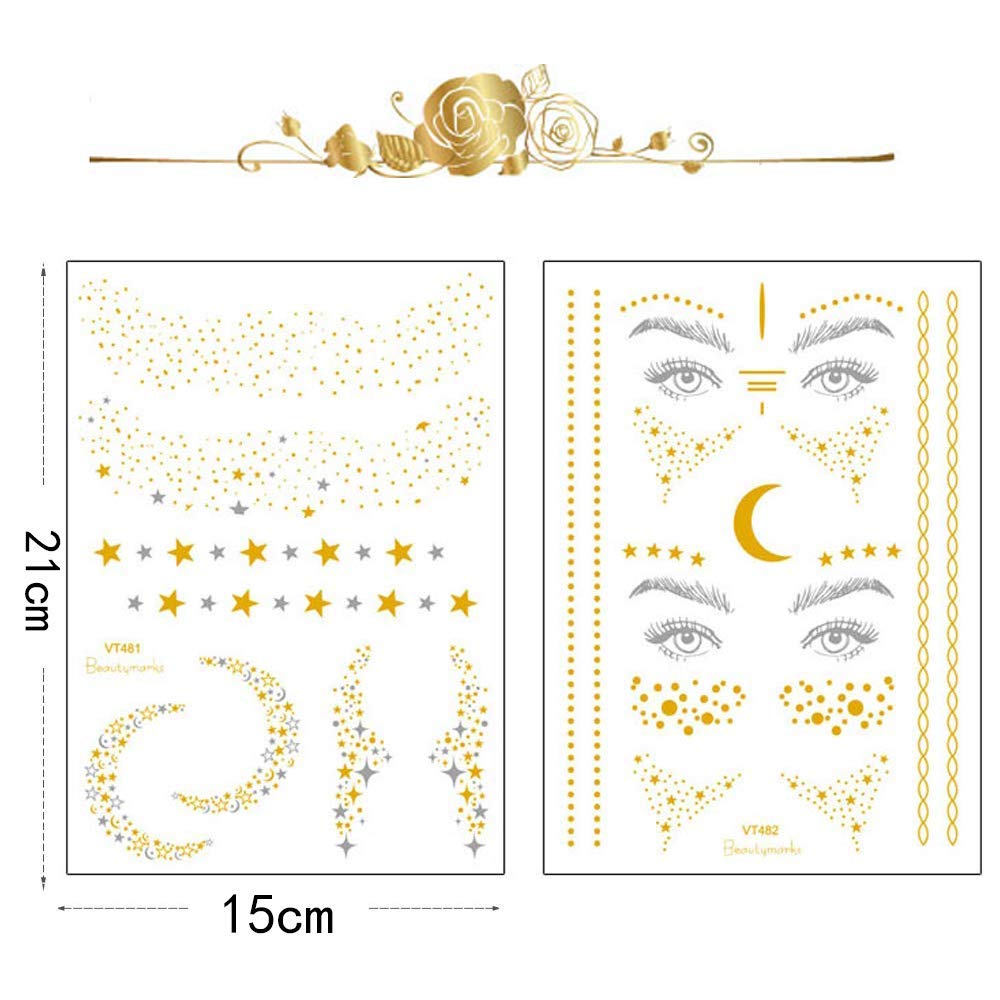 Xinlie 2 Pieces Tattoo Stickers Metallic Flash Tattoos Face Tattoo Face Sticker Face Stickers for Holiday Girls and Young Women for Eyes Face Party Festival Shows Gold (2 Pieces)