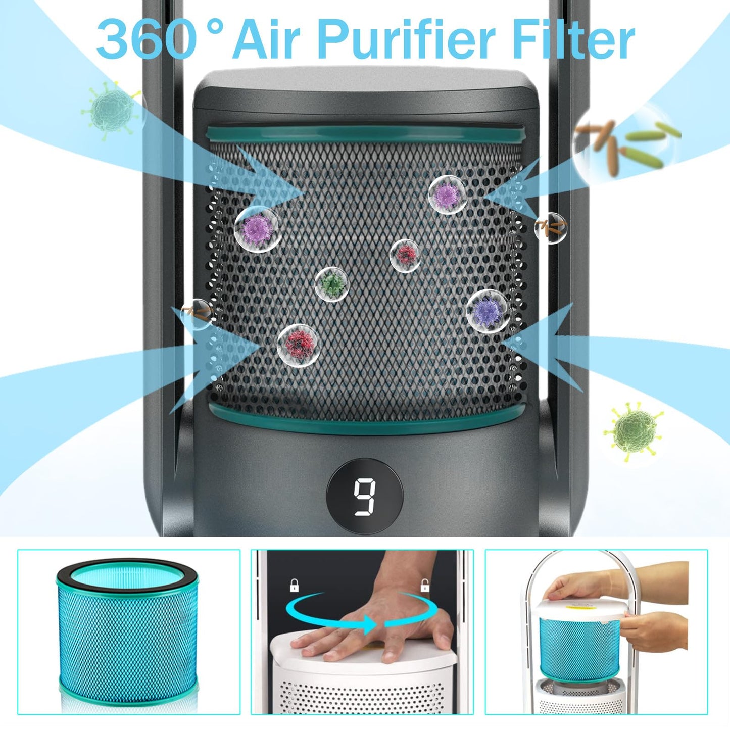 Ultty Bladeless Tower Fan with Air Purifier, Bladeless Fan Portable Air Purifier Fan with Remote, Touch, Timer, HEPA Filter, 90° Oscillating Tower Fan 9 Speeds, 3 Modes CR021, Black Medium