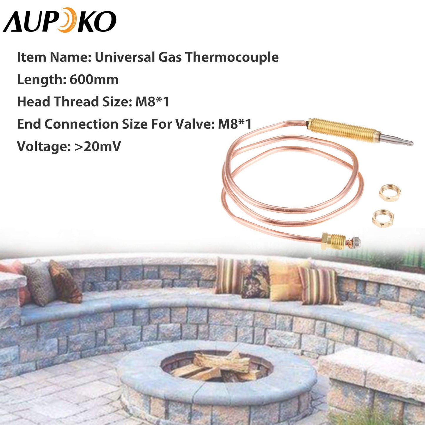 Aupoko 24" Gas Thermocouple Kit, M8x1 Thread Universal Thermocoupler Temperature Sensor Thermocouple Flame Failure Safety Device for BBQ Grill, Firepit, Fireplace, Heater (600mm, M8x1)