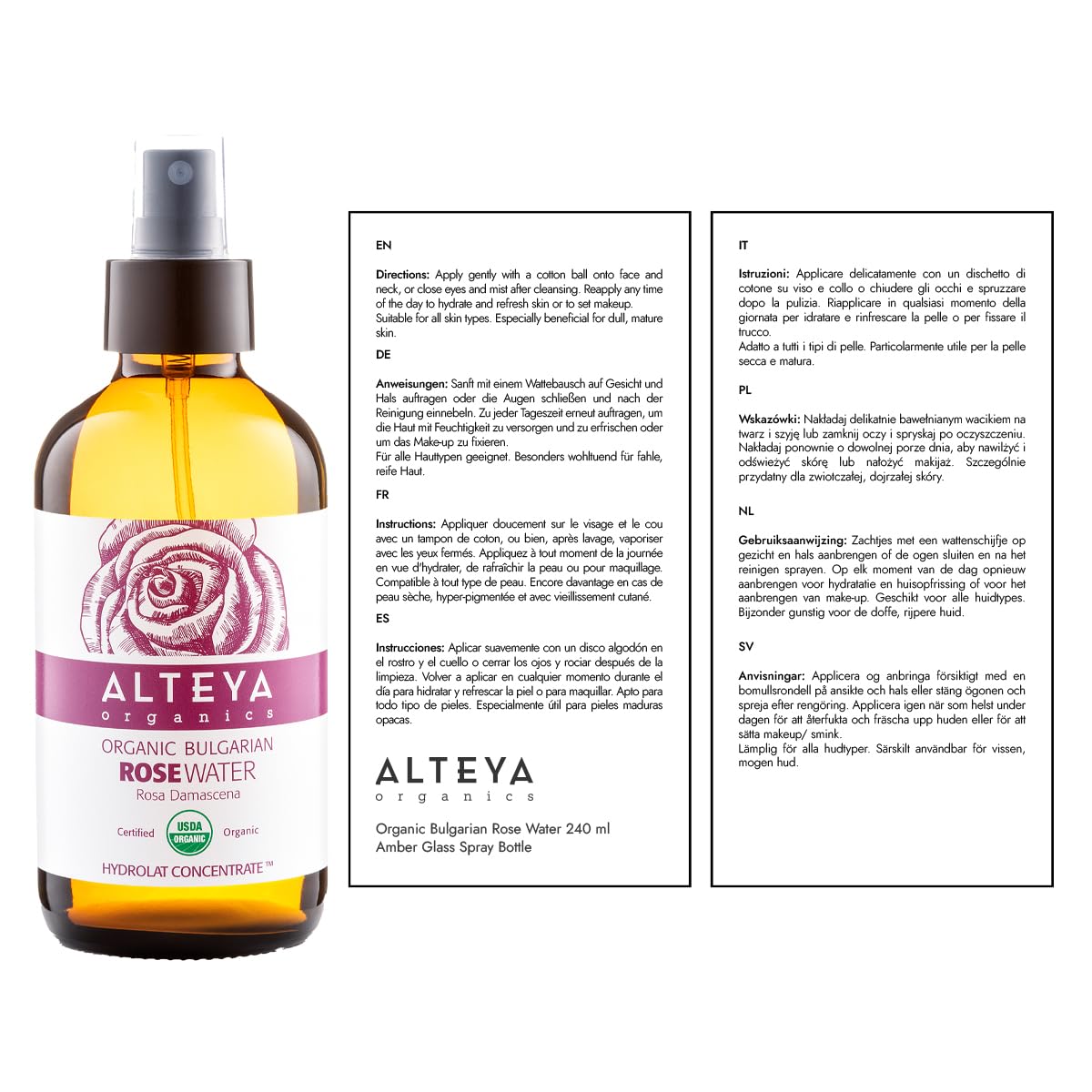 Alteya Organic Rose Water Spray 240 ml Glass- 100% Pure Organic Rosa Damascena (Damask Rose) Hydrolat - No additives - USDA Certified Organic - Face Toner, Revitalizing Body, Condition Hair & Scalp 240 ml (Pack of 1)