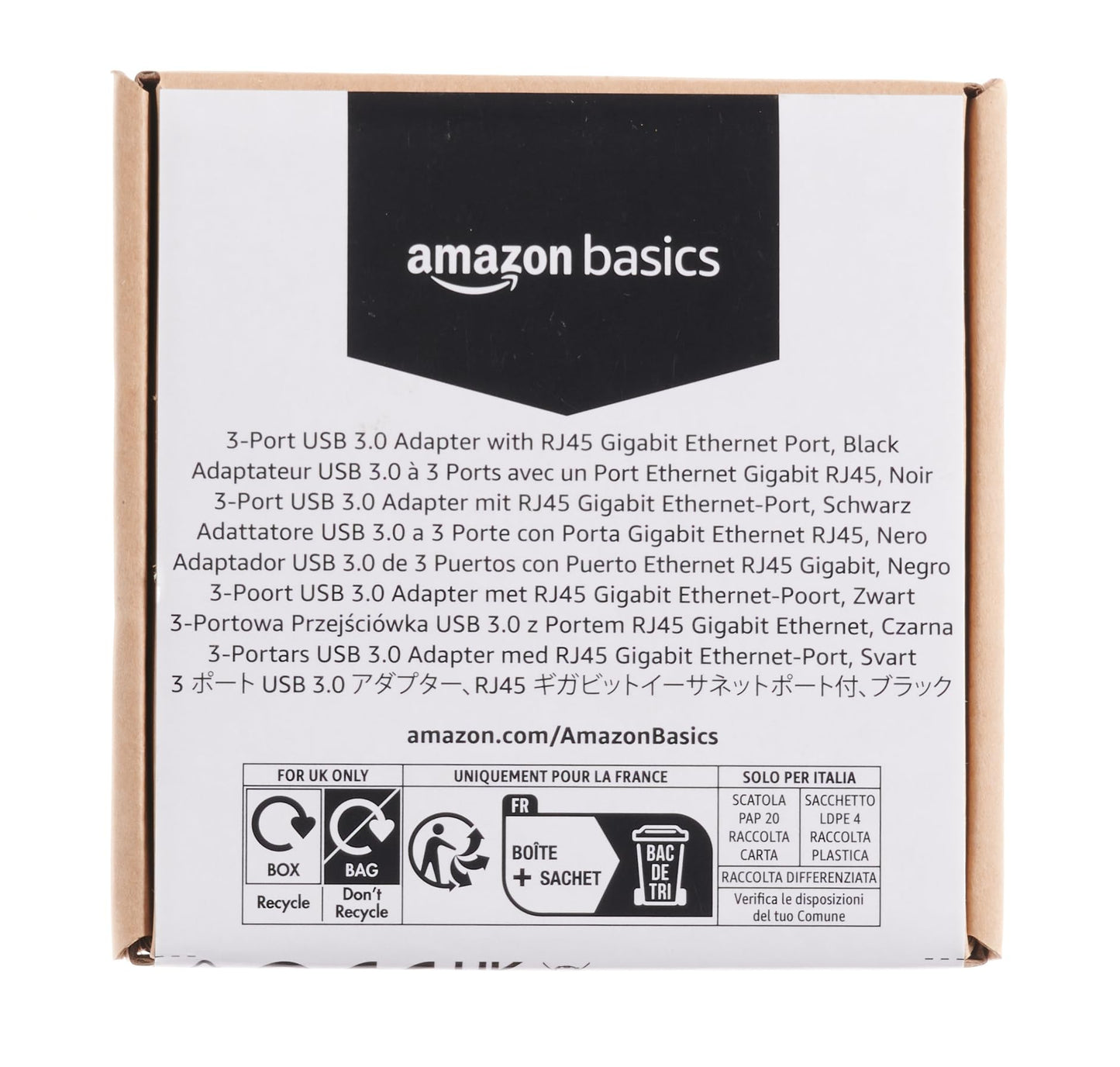 Amazon Basics 4-Port Adapter With 3 USB-A Ports + 1 RJ45 Gigabit Ethernet Port, Black