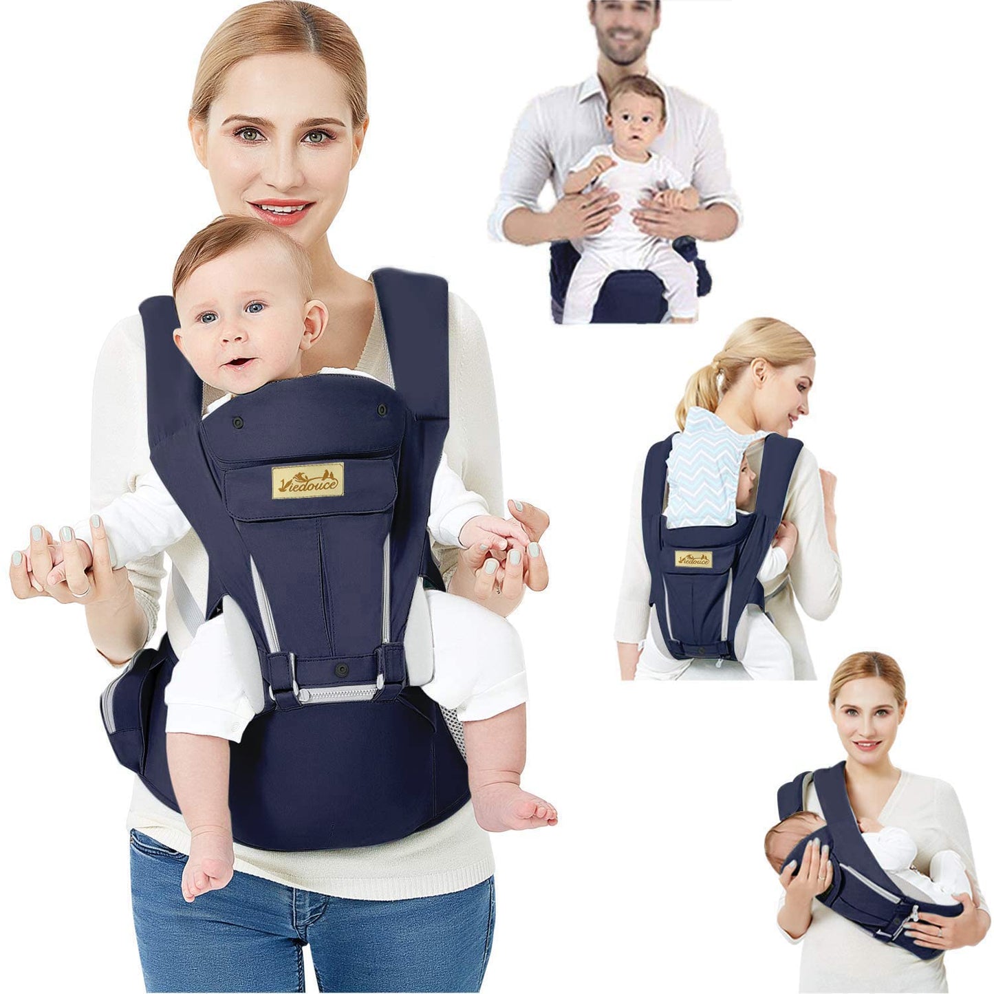 Viedouce Baby Carrier Ergonomic with Hip Seat/Pure Cotton Lightweight and Breathable/Multiposition:Dorsal, Ventral, Adjustable for Newborn and Toddler 3 to 48 Month (3.5 to 20 kg) Dark Blue