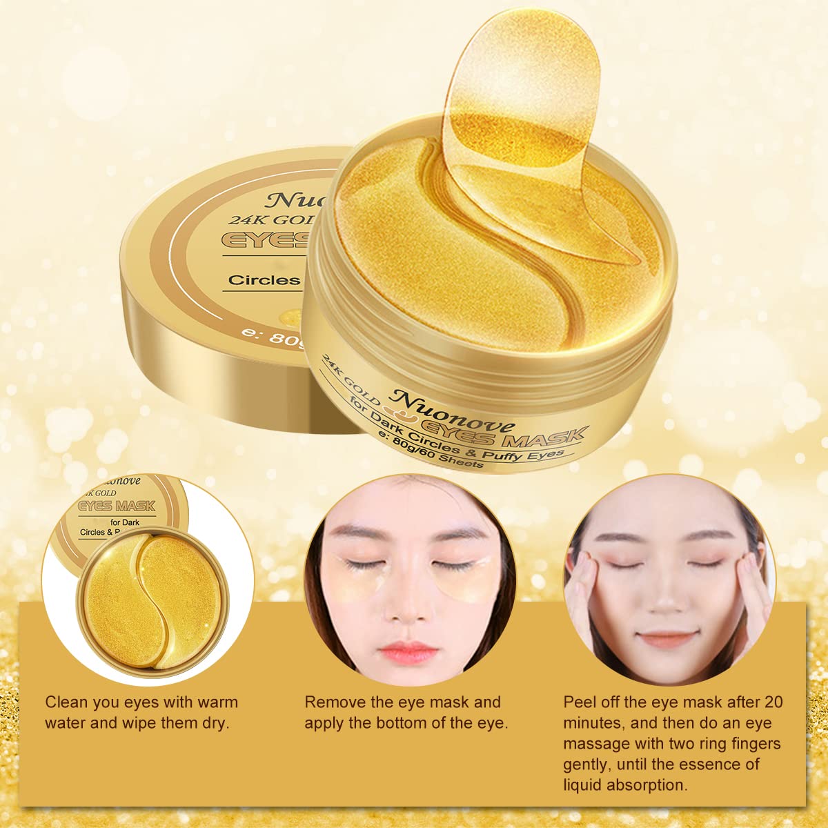 Under Eye Mask, Collagen Eye Mask, 24K Gold Eye Masks,Anti Aging Eye Patches,Hydrogel Under Eye Patches with Collagen,For Brightens & Reducing Wrinkles, Dark Circles, Eye Bags and Puffiness/30 Pairs