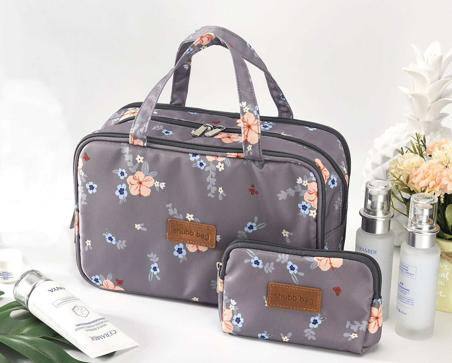 Travel Toiletry Bag for Women Makeup Bags with Small Cosmetic Pouches for Women Girls Water-Resistant (Gray Floral/Makeup Bag Set) Gray Floral / Makeup Bag Set