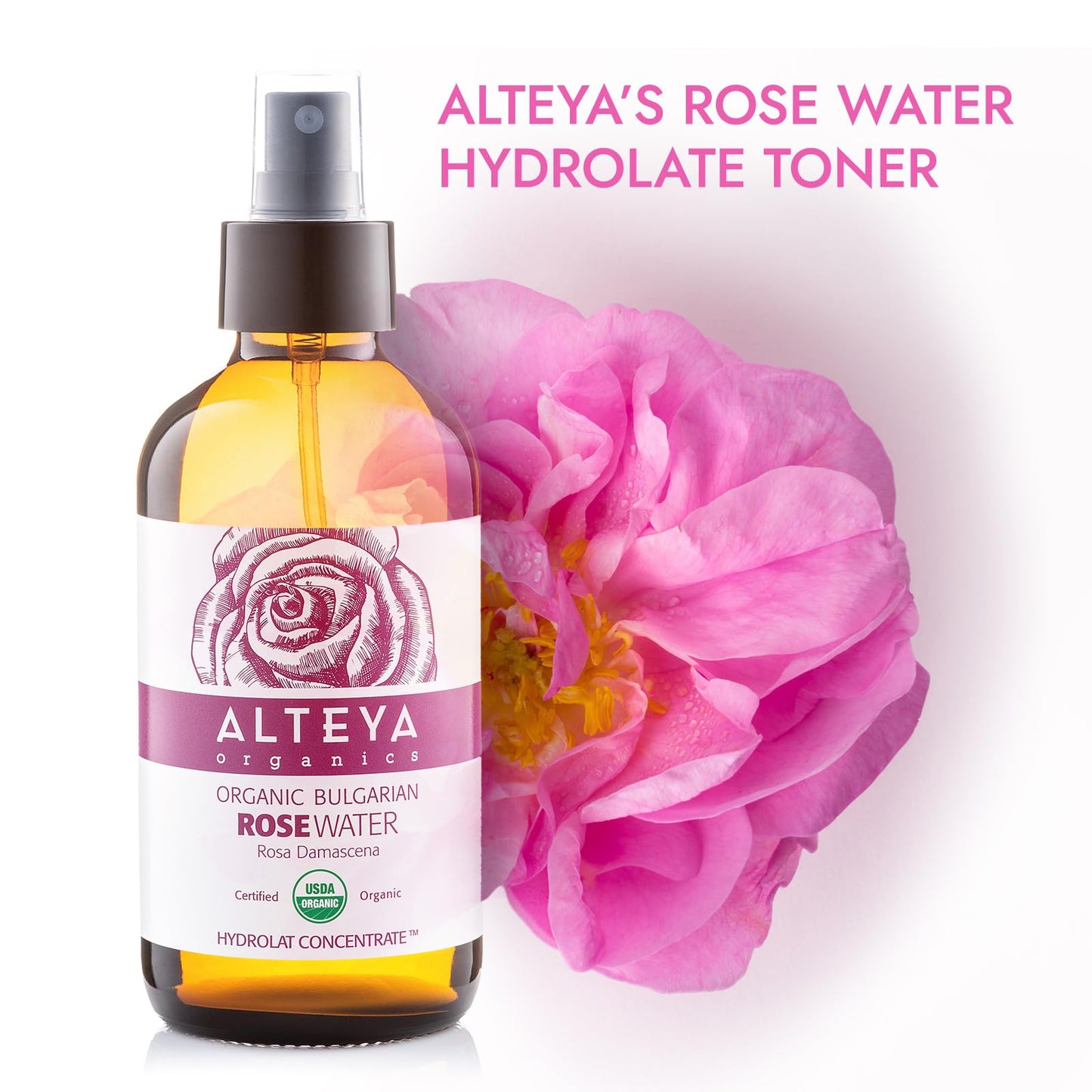 Alteya Organic Rose Water Spray 120ml Glass - Pure Organic Rosa Damascena (Damask Rose) Hydrolat - USDA Certified Organic - Face Toner, Revitalizing Body, Condition Hair & Scalp 120 ml (Pack of 1)