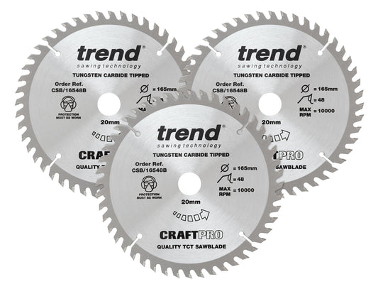 Trend Wood Circular Saw Blades, 165mm Diameter, 20mm Bore, 48 Teeth, 2.2mm Kerf, +15° Hook, TCT, Fine Finish, 3 Pack, CSB/165/3PK/A 165mm x 48 Teeth