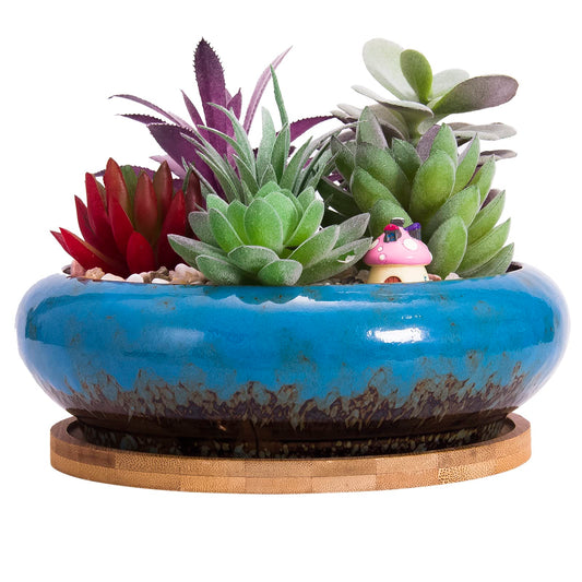 ARTKETTY Succulent Plant Pot, 18.5CM Large Bonsai Pot with Drainage Tray, Ceramic Pots for Indoor Plants Shallow Cactus Plant Pot Glazed Flower Plant Container Bowl Blue With Tray