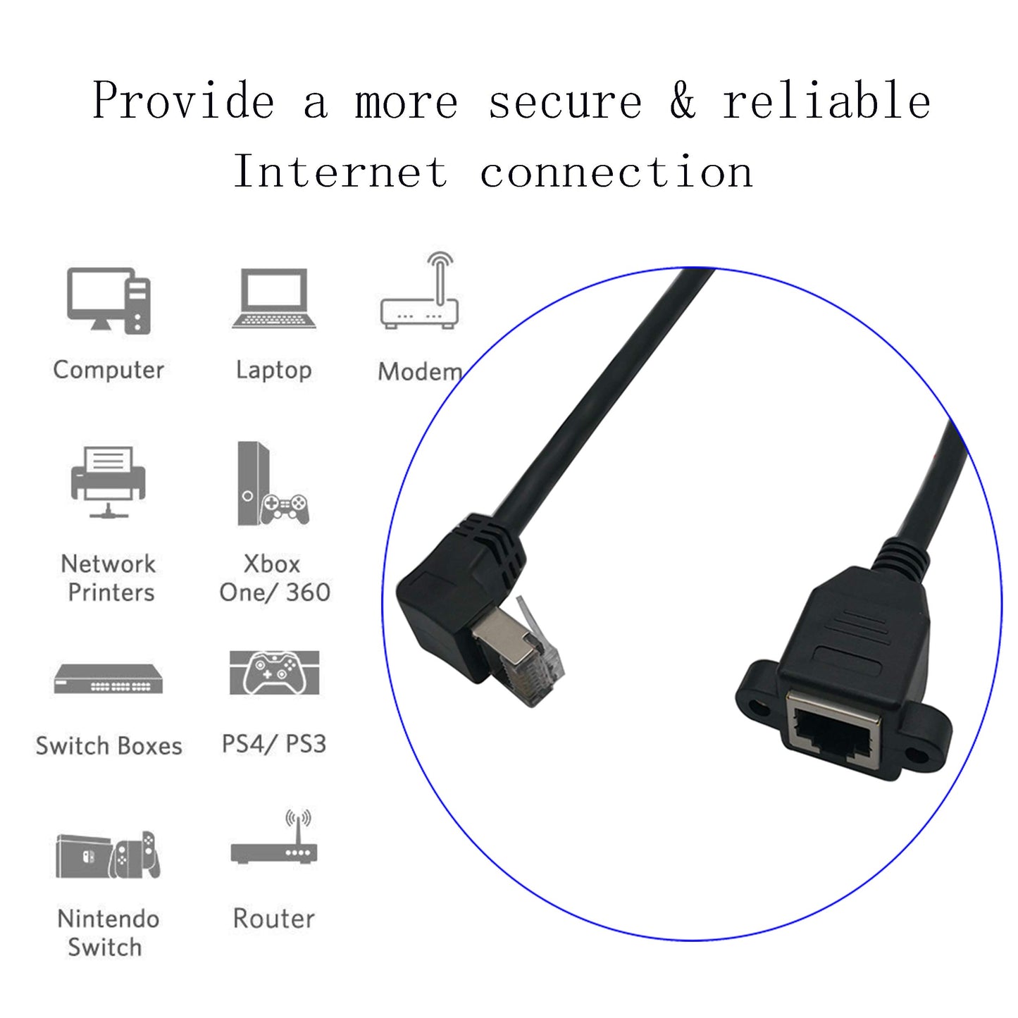 zdyCGTime CAT6 RJ45 LAN Network Extension Cable,Cat6e 90° RJ45 male to female installation screw board network extension cable,Suitable for routers,printers,xBox and other equipment.(30cm/1 Pack) 黑色