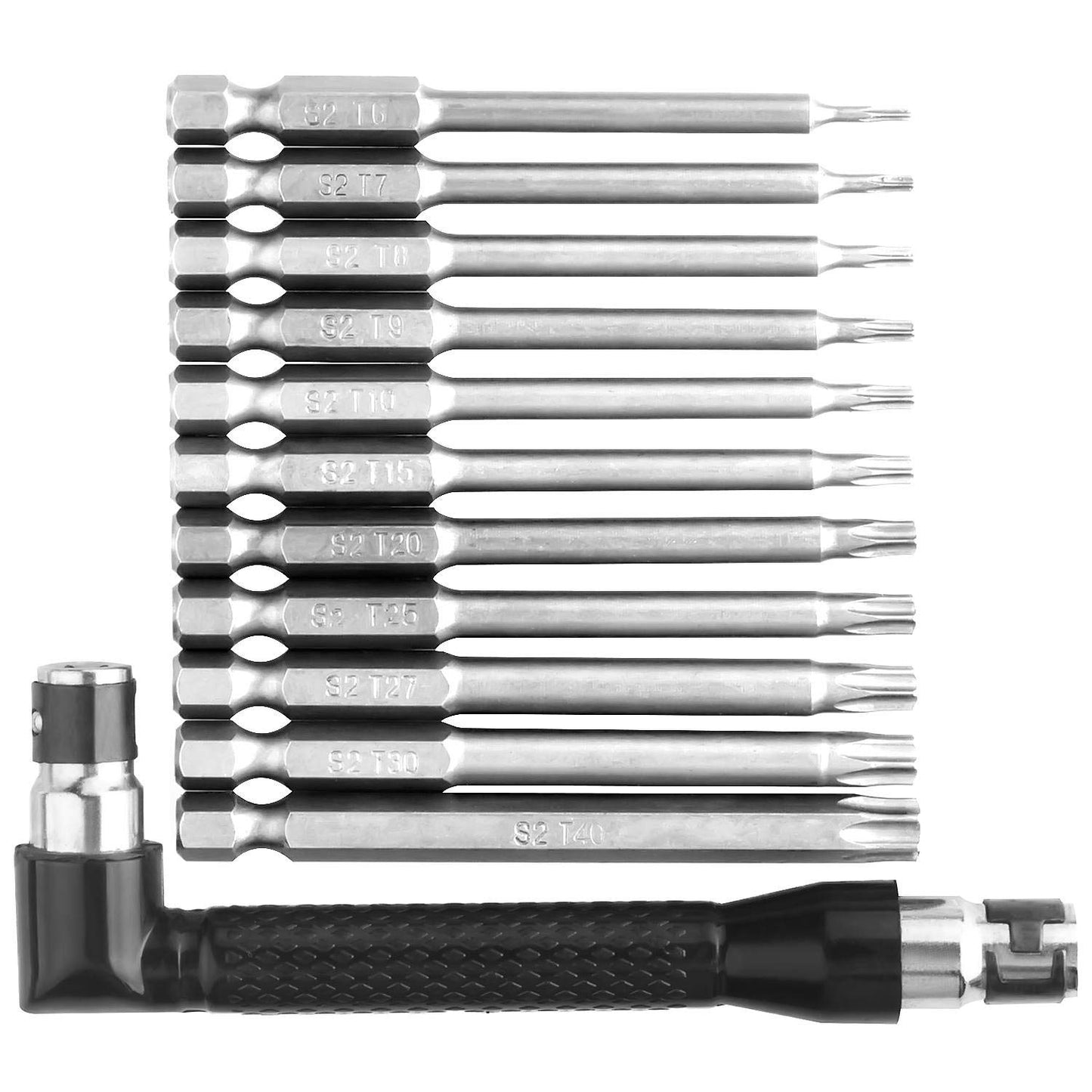 ASelected 11 Pieces 75mm T6-T40 S2 Steel Star Head Security Torx Screwdriver Sets + Angle Screwdriver Bit Holder, Star Screwdriver Bits Torx Security Bit Set with T10 T15 T25 T20 T25 T30 ect.