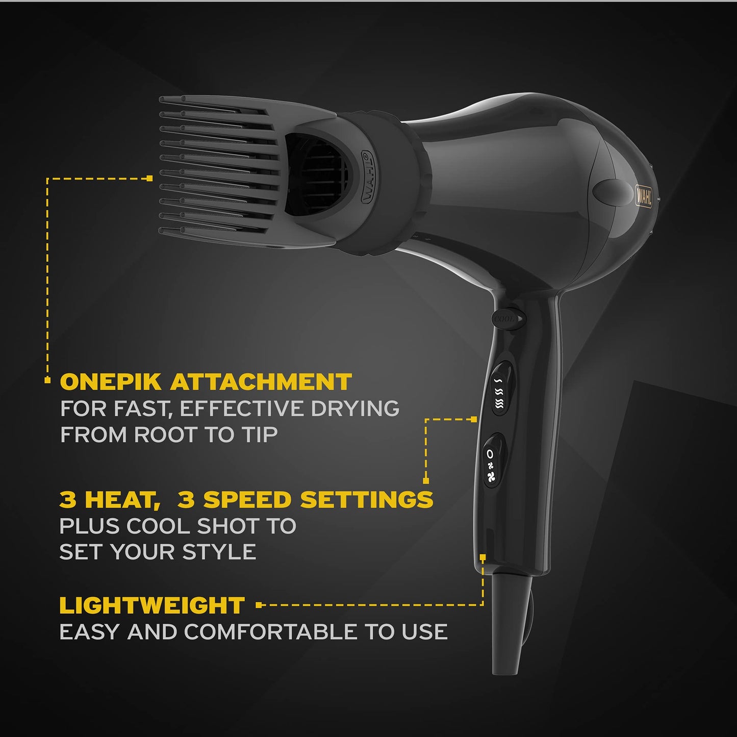 Wahl Hairdryer, PowerPik 2, Dryer for Women, Hair Dryer with Pik Attachment, Afro Hairdryer, Afro-Caribbean Hair, Three Heat Settings, Anti-frizz Drying, Black