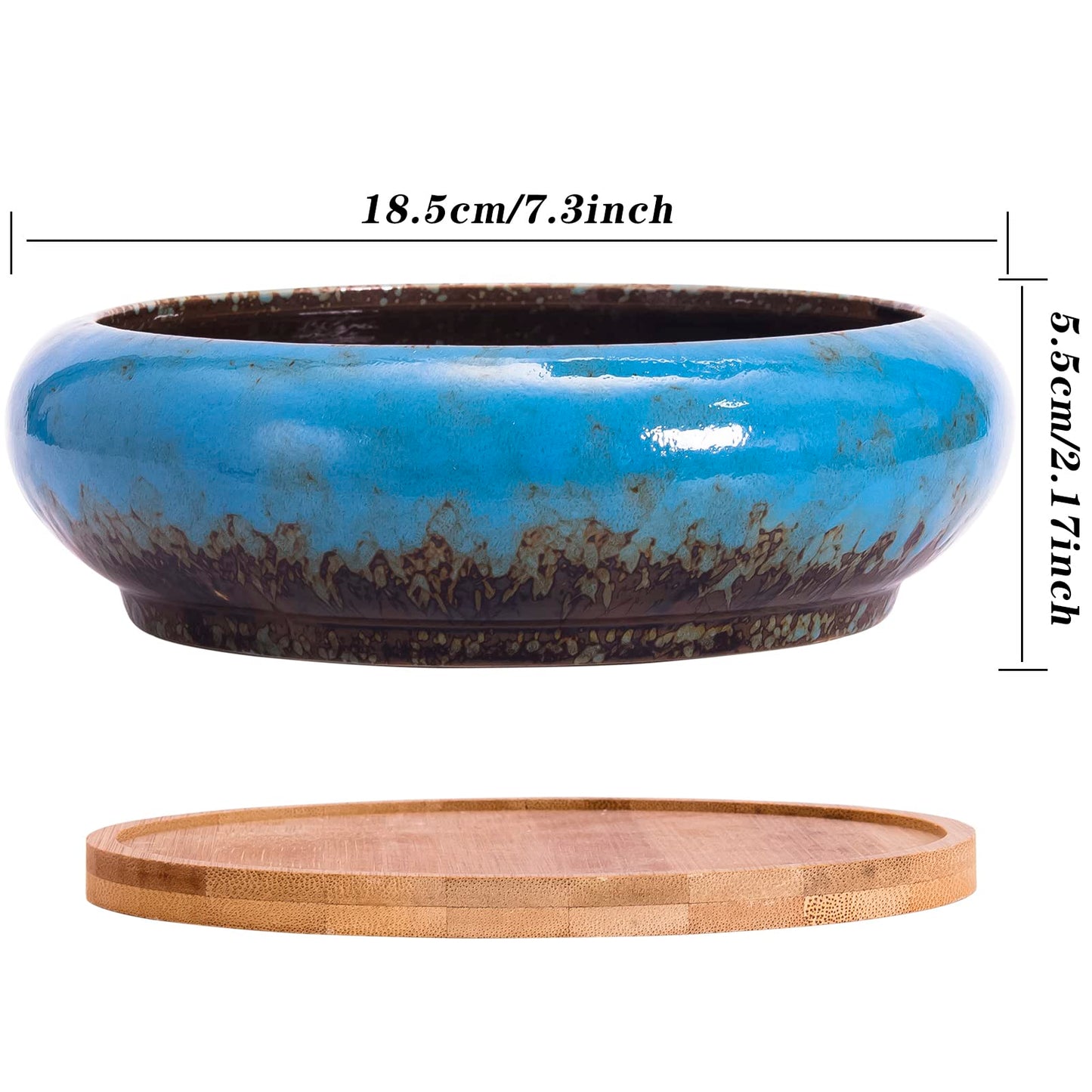 ARTKETTY Succulent Plant Pot, 18.5CM Large Bonsai Pot with Drainage Tray, Ceramic Pots for Indoor Plants Shallow Cactus Plant Pot Glazed Flower Plant Container Bowl Blue With Tray