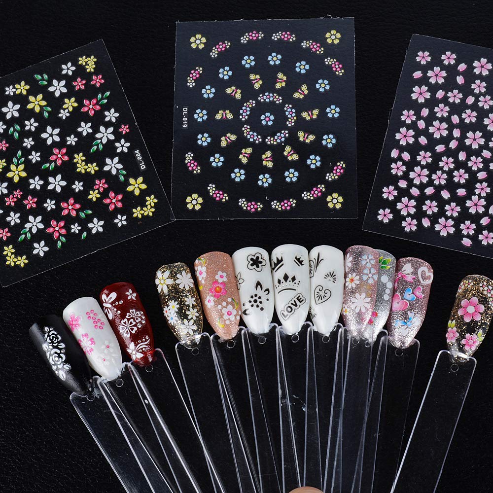 90 Sheets 3D Self-adhesive Nail Art Stickers for Gel Nails - Nail Stickers for Nail Art, Flower Nail Decals Stickers for Women Girls - Various Floral Patterns