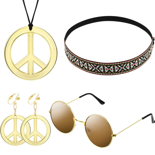 WILLBOND 4 Pcs 70s Accessories Women Hippie Costume Set Hippie Sunglasses, Peace Sign Necklace Earrings, Bohemia Headband 70s Outfits for Halloween Women 70s 60s Party Accessories