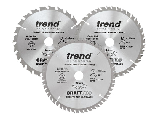 Trend Wood Cordless Circular Saw Blades, 165mm Diameter, 20mm Bore, 24/40 Teeth, 1.5mm Kerf, +15° Hook, TCT, Medium/Fine Finish, 3 Pack, CSB/165/3PK/C 165mm x 24 & 40 Teeth 165mm x 24 and 40 Teeth x 20 Bore