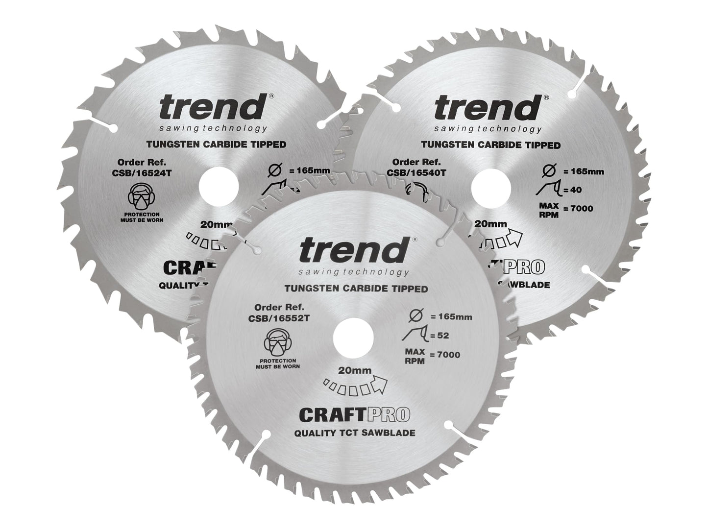 Trend Wood Cordless Circular Saw Blades, 165mm Diameter, 20mm Bore, 24/40/52 Teeth, 1.5mm Kerf, +15° Hook, TCT, Medium/Fine/Extra-Fine Finish, 3 Pack, CSB/165/3PK/B 165mm x 24, 40 & 52 Teeth 165mm x 24, 40 and 52 Teeth x 20 Bore