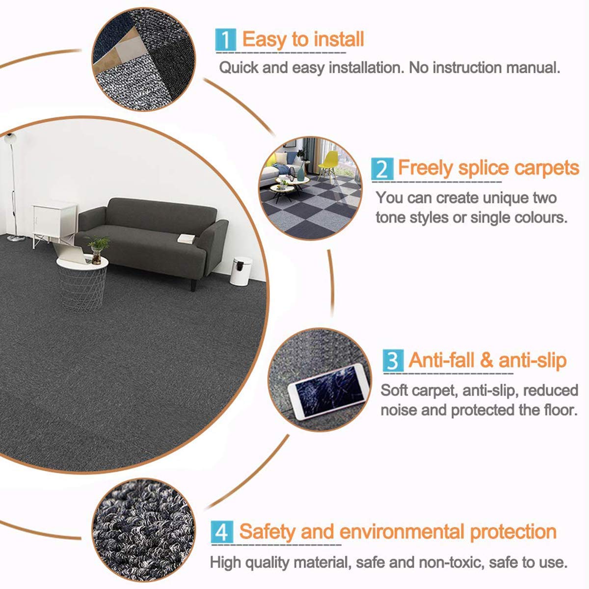 uyoyous Pack of 20 Freely Splice Carpet Tiles with Tapes 50 x 50 cm Heavy Duty Commercial Carpet Repeated Use Non-Slip for Office Bedroom with Bitumen Backing Dark Grey 5㎡