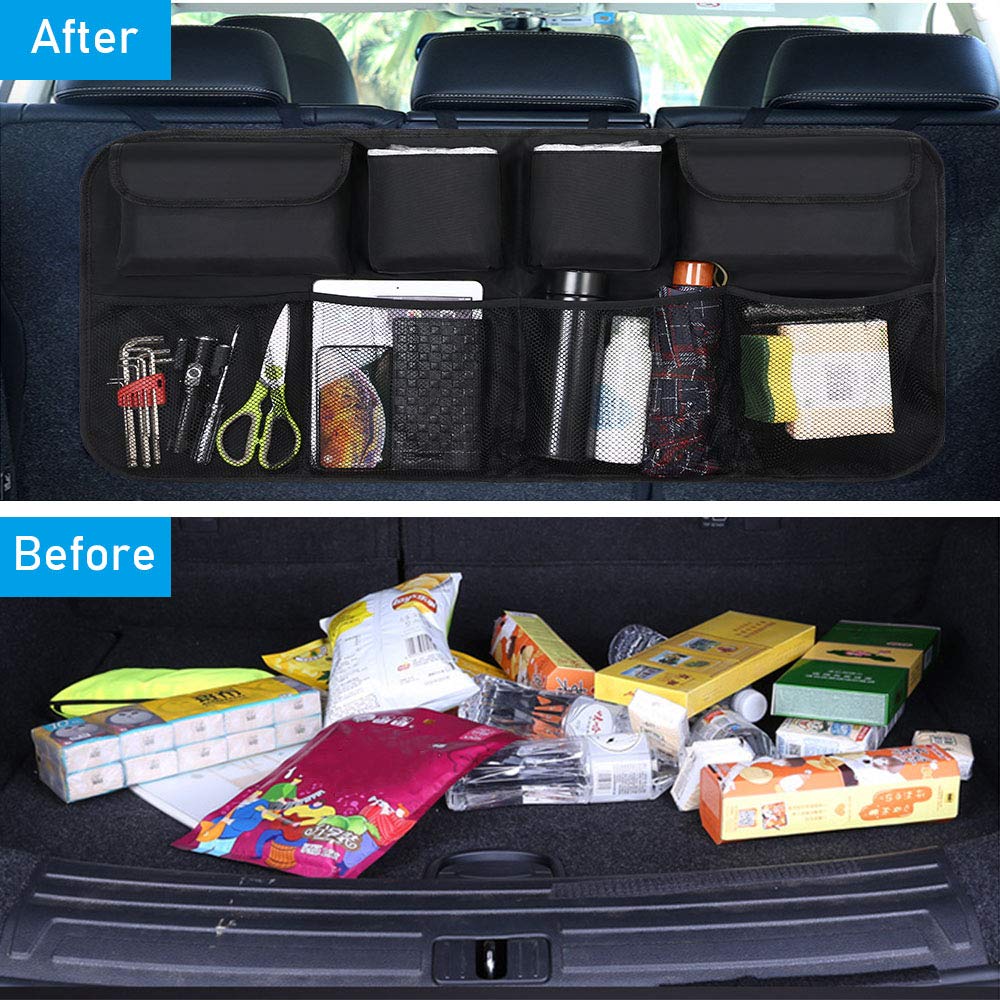 URAQT Car Boot Organiser Waterproof Kick Mats Car Organiser Seat Back Protectors, Multi-Pocket Children's Travel Storage, Durable Foldable Cargo Net Storage for Car Backseat Cover Black 87x45cm