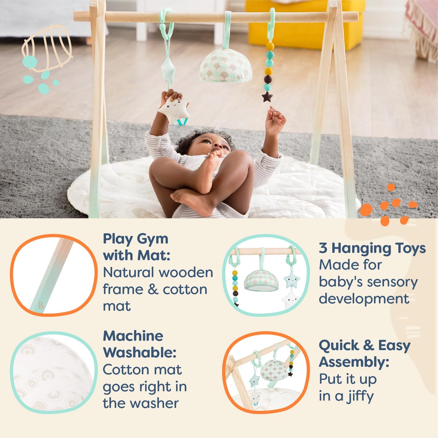 B. toys - Wooden Baby Play Gym with Cotton Activity Mat - Starry Sky - 3 Hanging Sensory Toys - Natural Wood - Babies, Infants, 0 month+