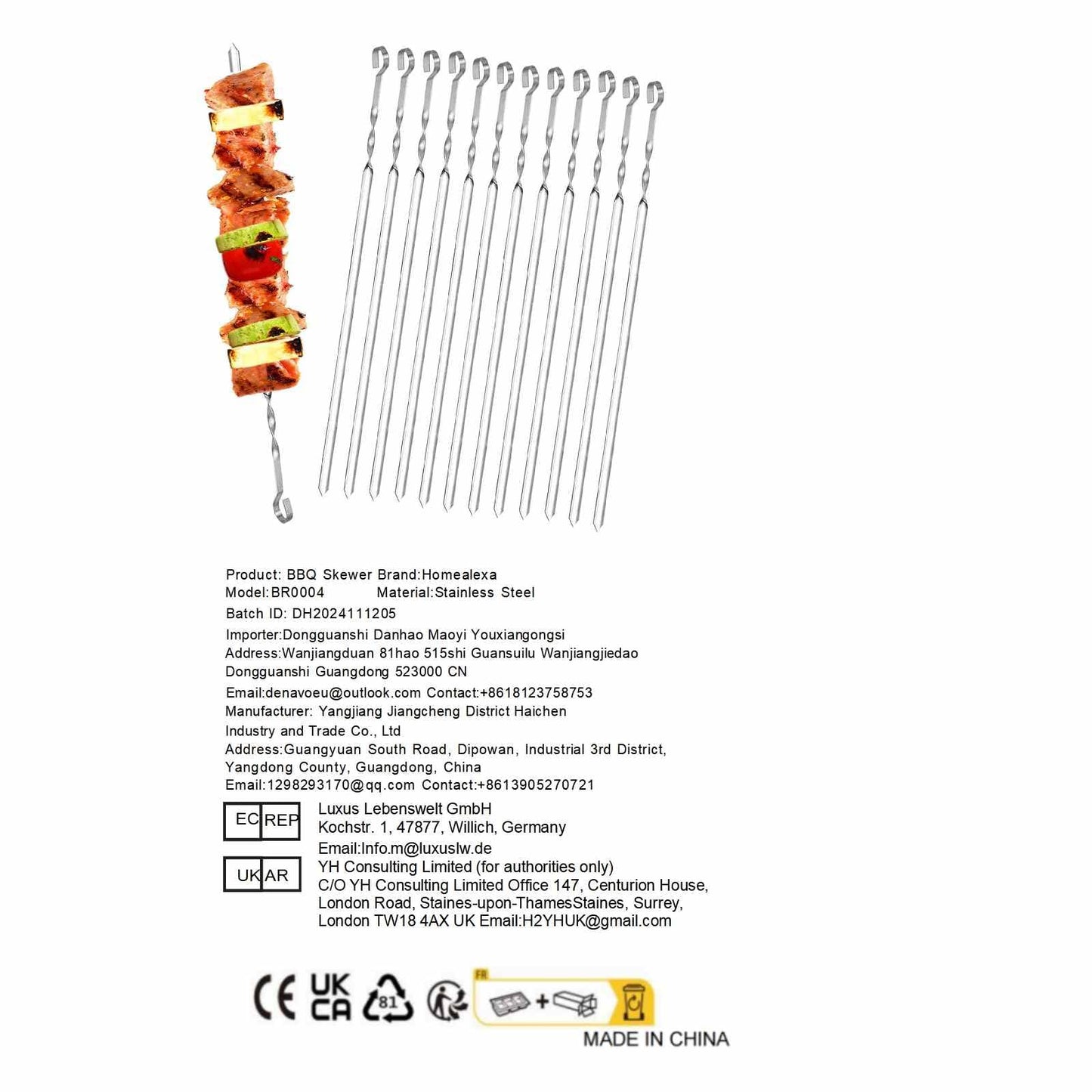 15 Inches BBQ Skewers, Homealexa 20 PCS Metal Kebab Skewers Stainless Steel Set, Reusable Flat Metal Skewers, with Bag, Metal Kebab Sticks BBQ Skewers for Outdoor BBQ, Family Party, Shish Kabob