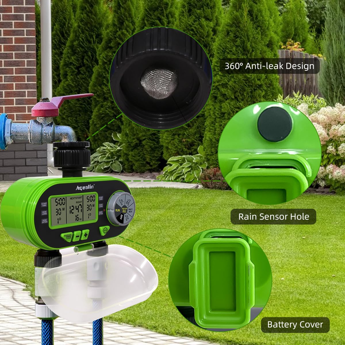 Aqualin Two Outlet Water Hose Timer Garden Watering Computer Electronic Irrigation Controller, Green