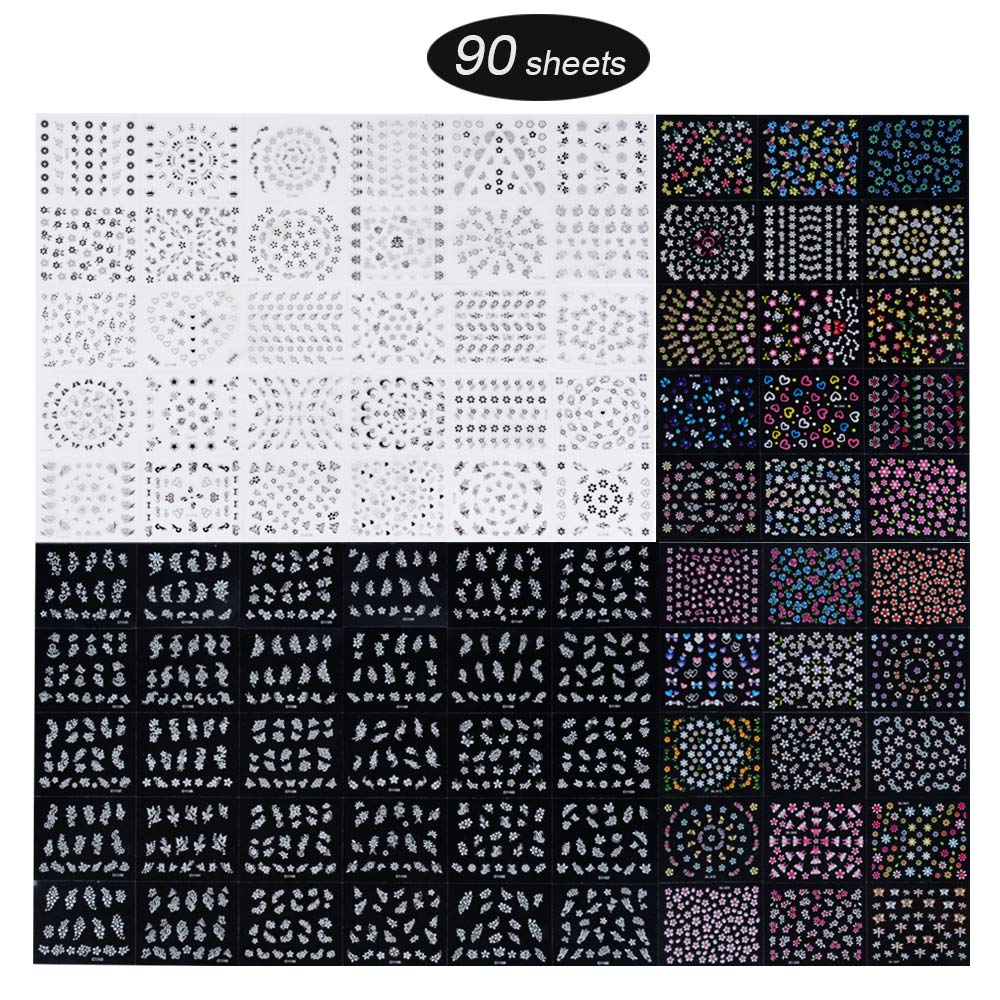 90 Sheets 3D Self-adhesive Nail Art Stickers for Gel Nails - Nail Stickers for Nail Art, Flower Nail Decals Stickers for Women Girls - Various Floral Patterns