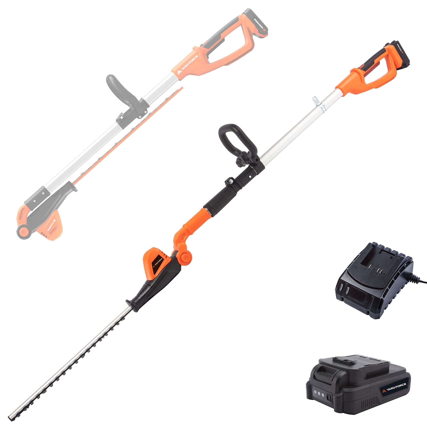 Yard Force Pole Hedge Trimmer Cordless - Extendable, Long Reach, 41cm Cutting Length, 20V Lithium-ion battery & Charger, 135° Adjustable Head, Dual Action Blades - LH C41A Orange